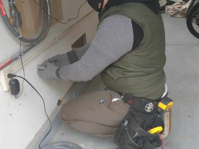 Electrician performing outlet wiring in a Meraux garage